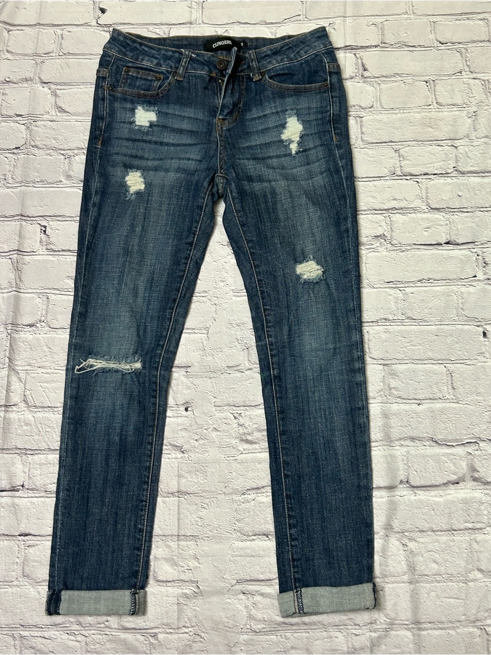 Relaxed Distressed Boyfriend Jeans in Dark Blue Denim